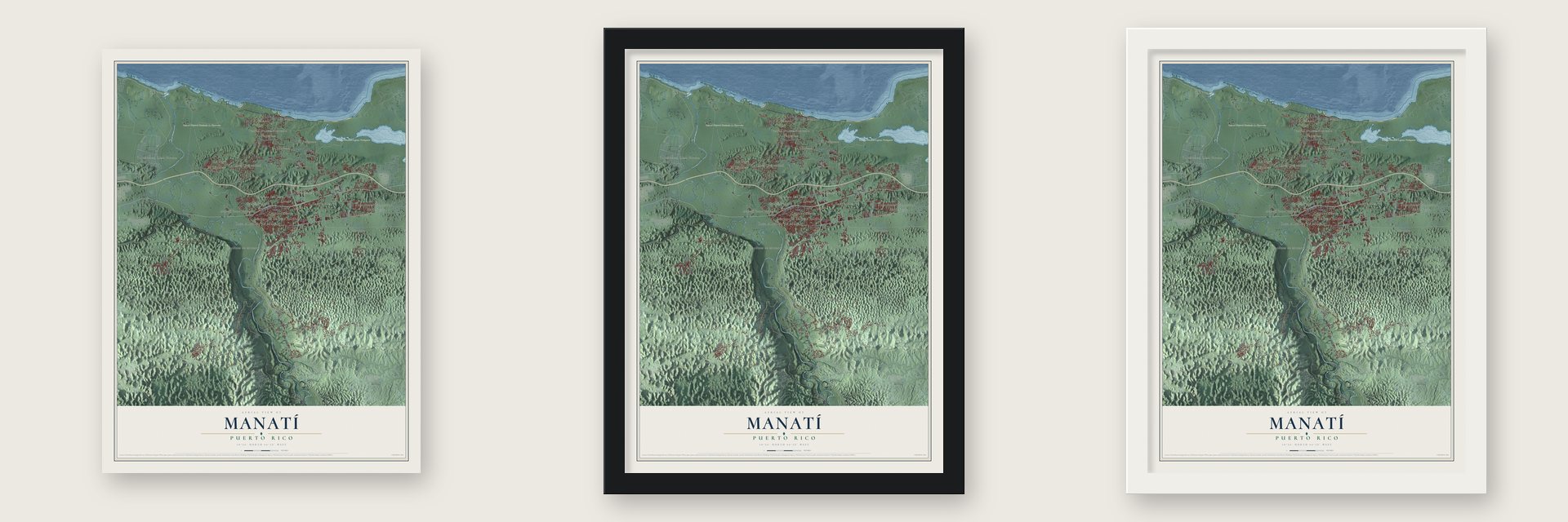 Manatí, Puerto Rico map unframed, in a black wood frame and in a white wood frame