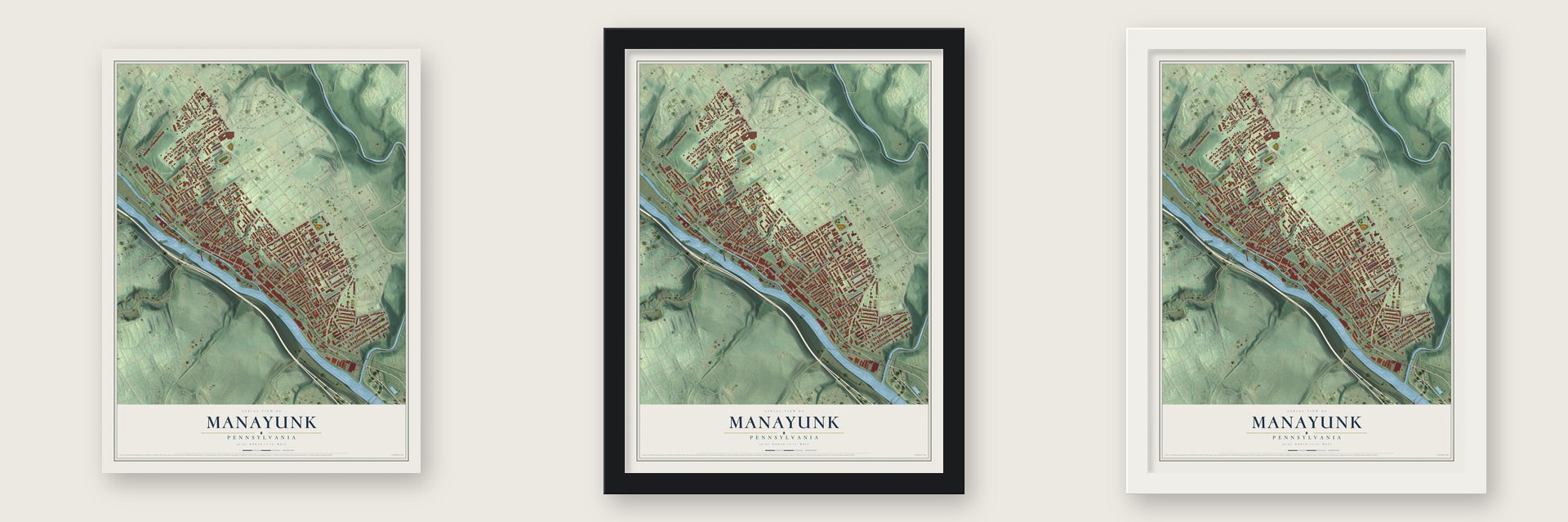 Manayunk, Pennsylvania map unframed, in a black wood frame and in a white wood frame