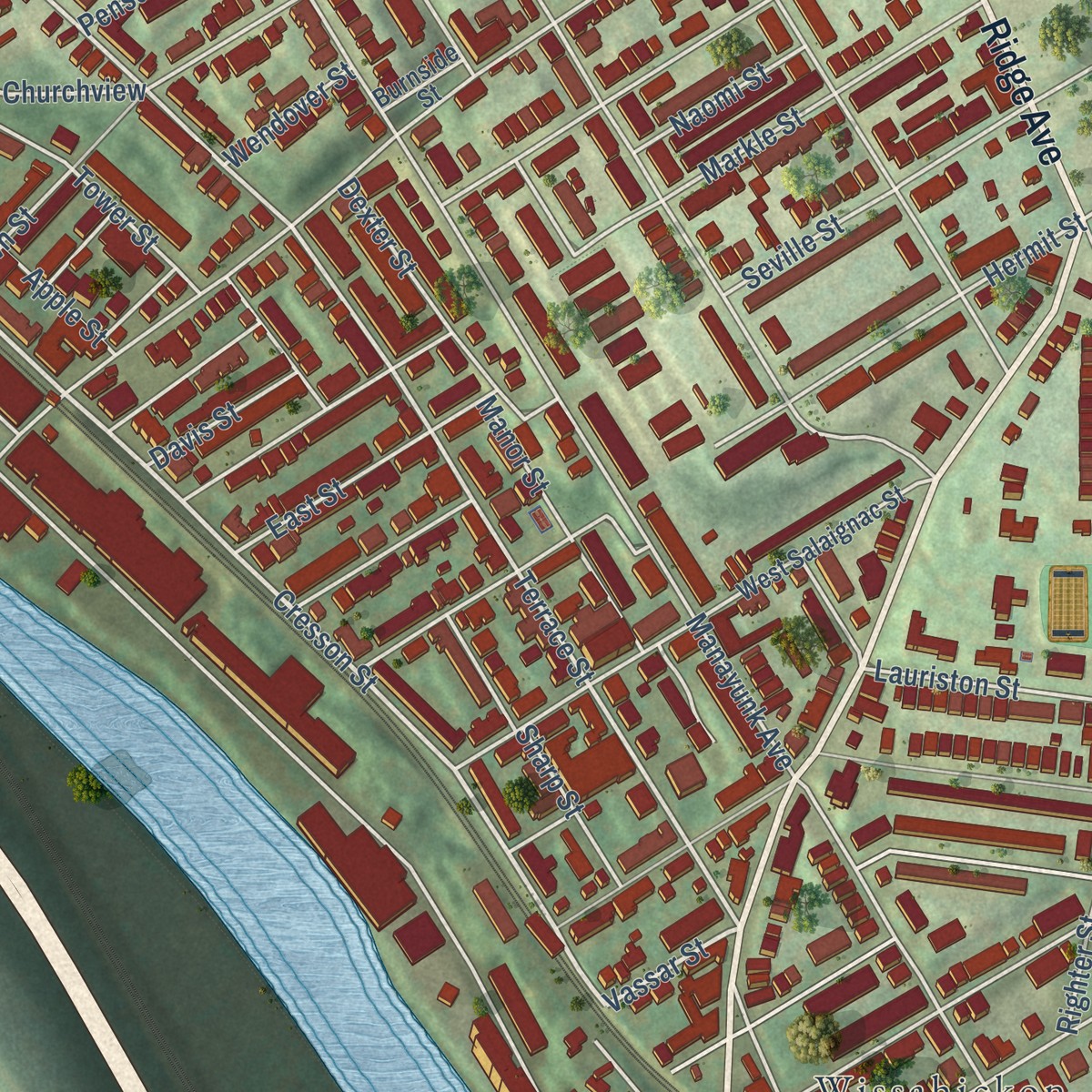 Second close-up of the map of Manayunk, Pennsylvania print showing more streets and buildings