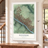 Manayunk, Pennsylvania map, 24 x 36 inch print in a white frame by a staircase