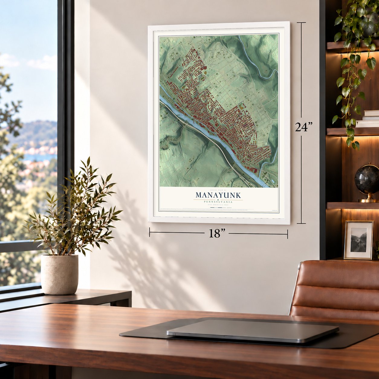 Manayunk, Pennsylvania map, 18 x 24 inch print in a white frame in a home office