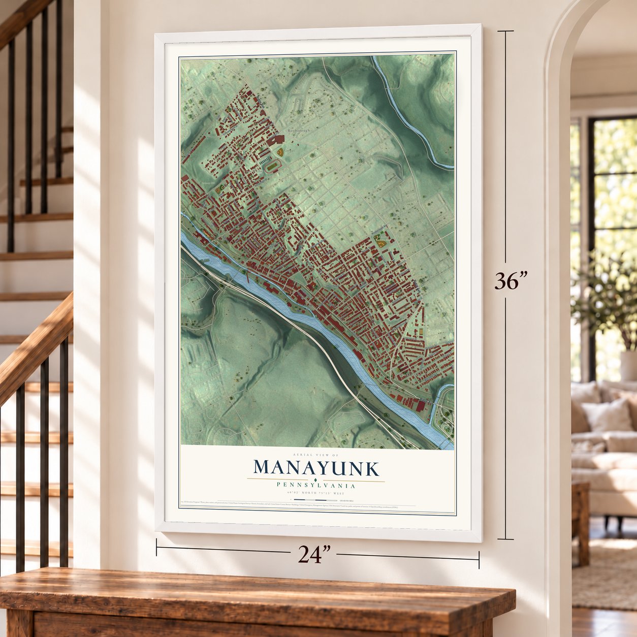 Manayunk, Pennsylvania map, 24 x 36 inch print in a white frame by a staircase