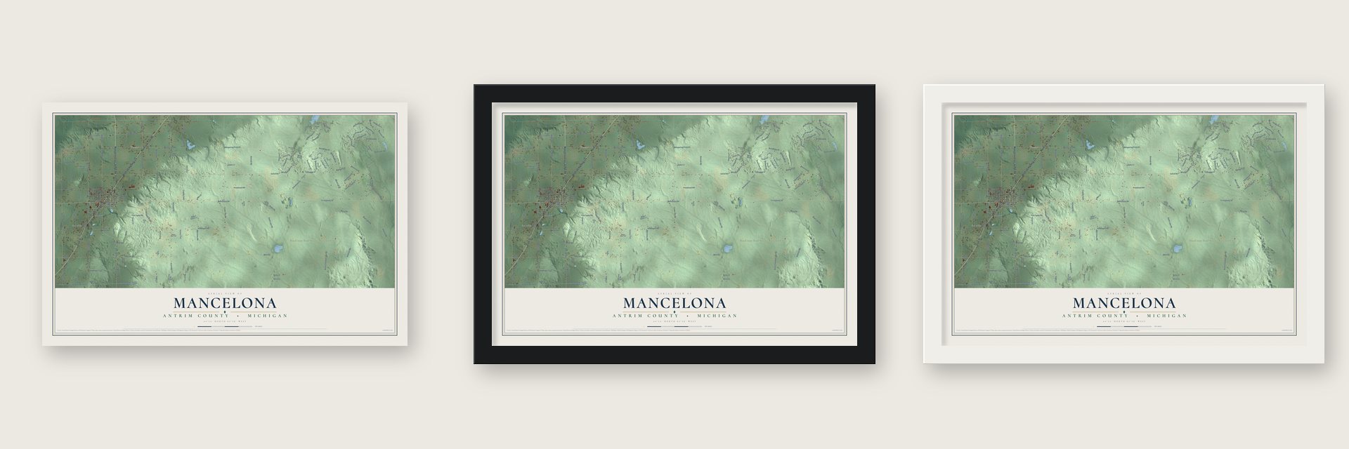 Mancelona, Antrim County, Michigan map unframed, in a black wood frame and in a white wood frame