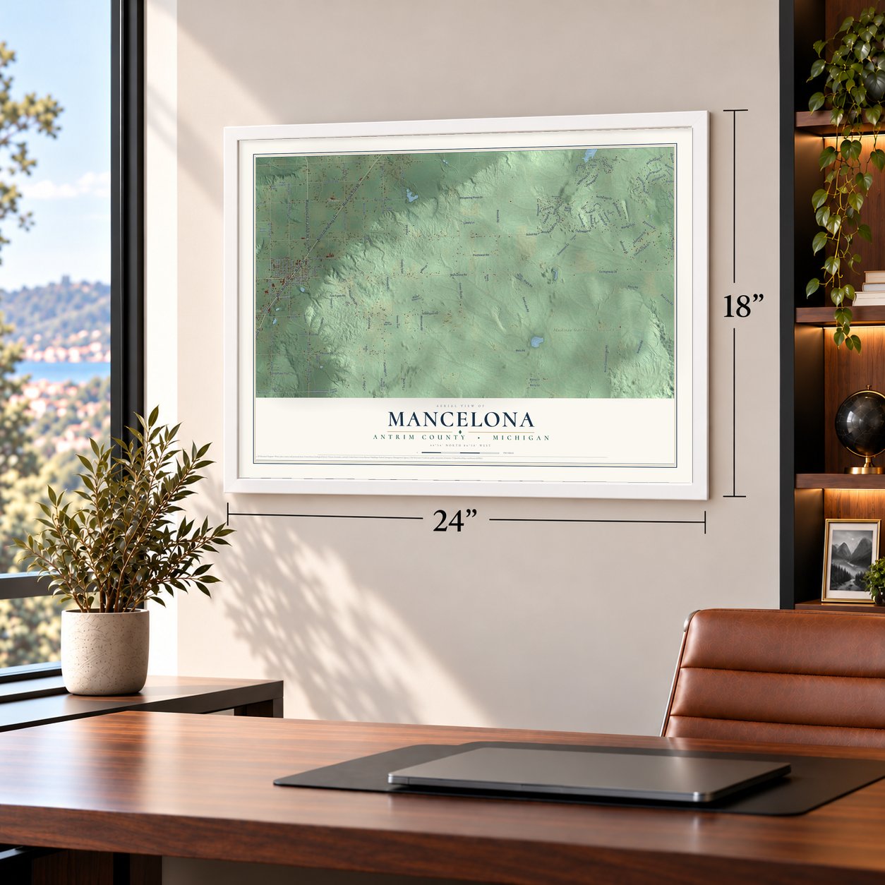 Mancelona, Antrim County, Michigan map, 18 x 24 inch print in a white frame in a home office