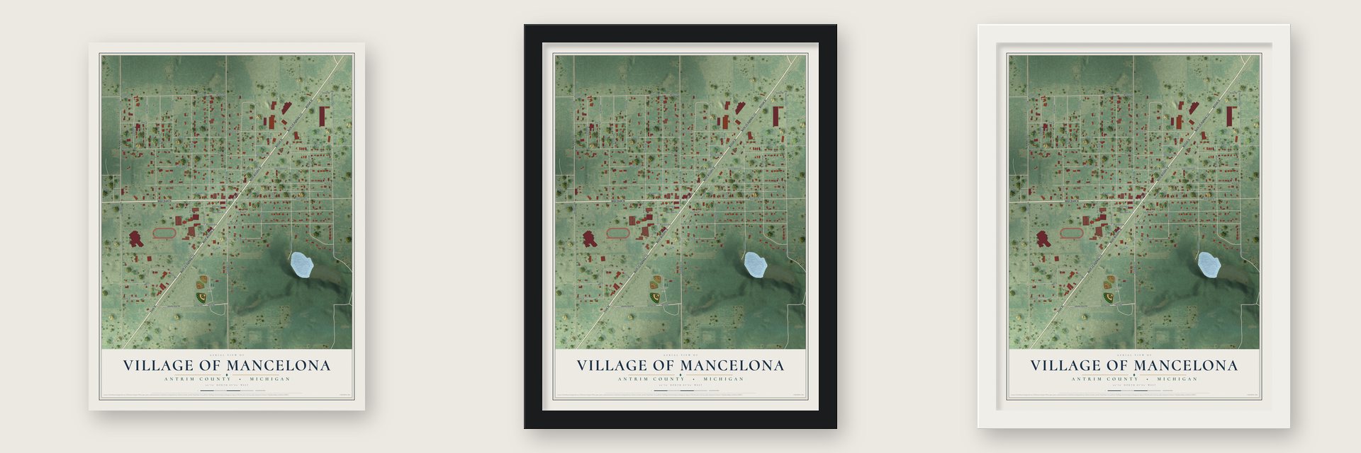 Mancelona, Michigan map unframed, in a black wood frame and in a white wood frame