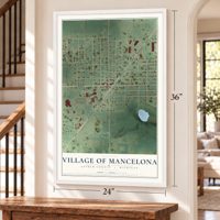 Mancelona, Michigan map, 24 x 36 inch print in a white frame by a staircase