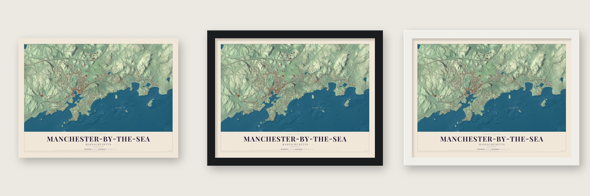 Manchester-by-the-Sea, Massachusetts map unframed, in a black wood frame and in a white wood frame
