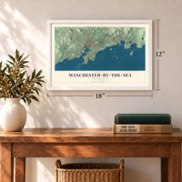 Manchester-by-the-Sea, Massachusetts map, 12 x 18 inch print in a white frame in an entryway