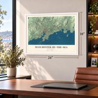 Manchester-by-the-Sea, Massachusetts map, 18 x 24 inch print in a white frame in a home office