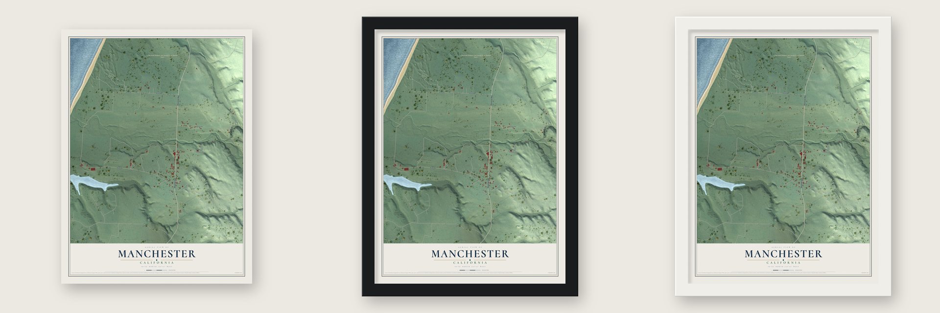 Manchester, California map unframed, in a black wood frame and in a white wood frame