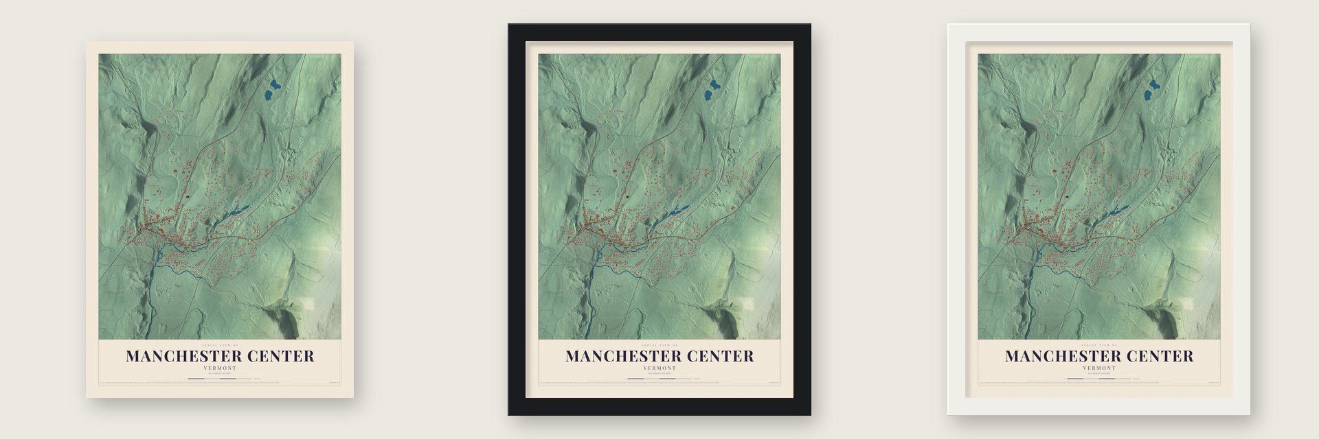Manchester Center, Vermont map unframed, in a black wood frame and in a white wood frame