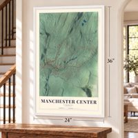 Manchester Center, Vermont map, 24 x 36 inch print in a white frame by a staircase