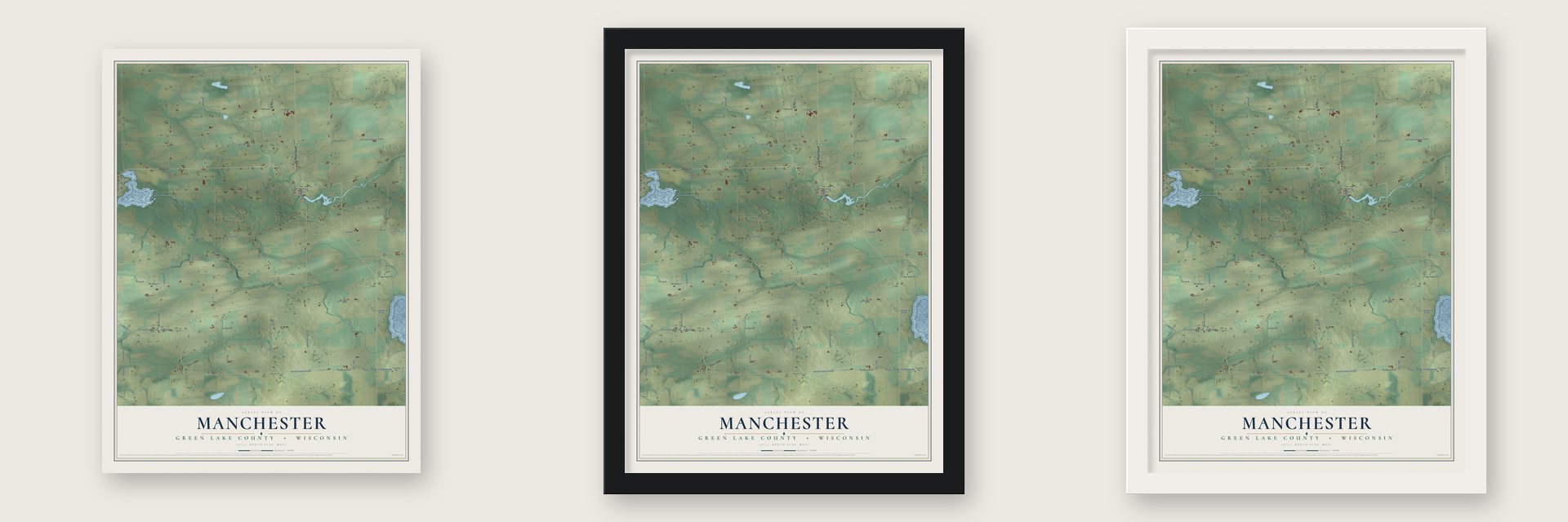 Manchester, Green Lake County, Wisconsin map unframed, in a black wood frame and in a white wood frame