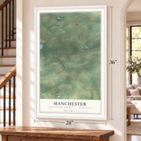 Manchester, Green Lake County, Wisconsin map, 24 x 36 inch print in a white frame by a staircase