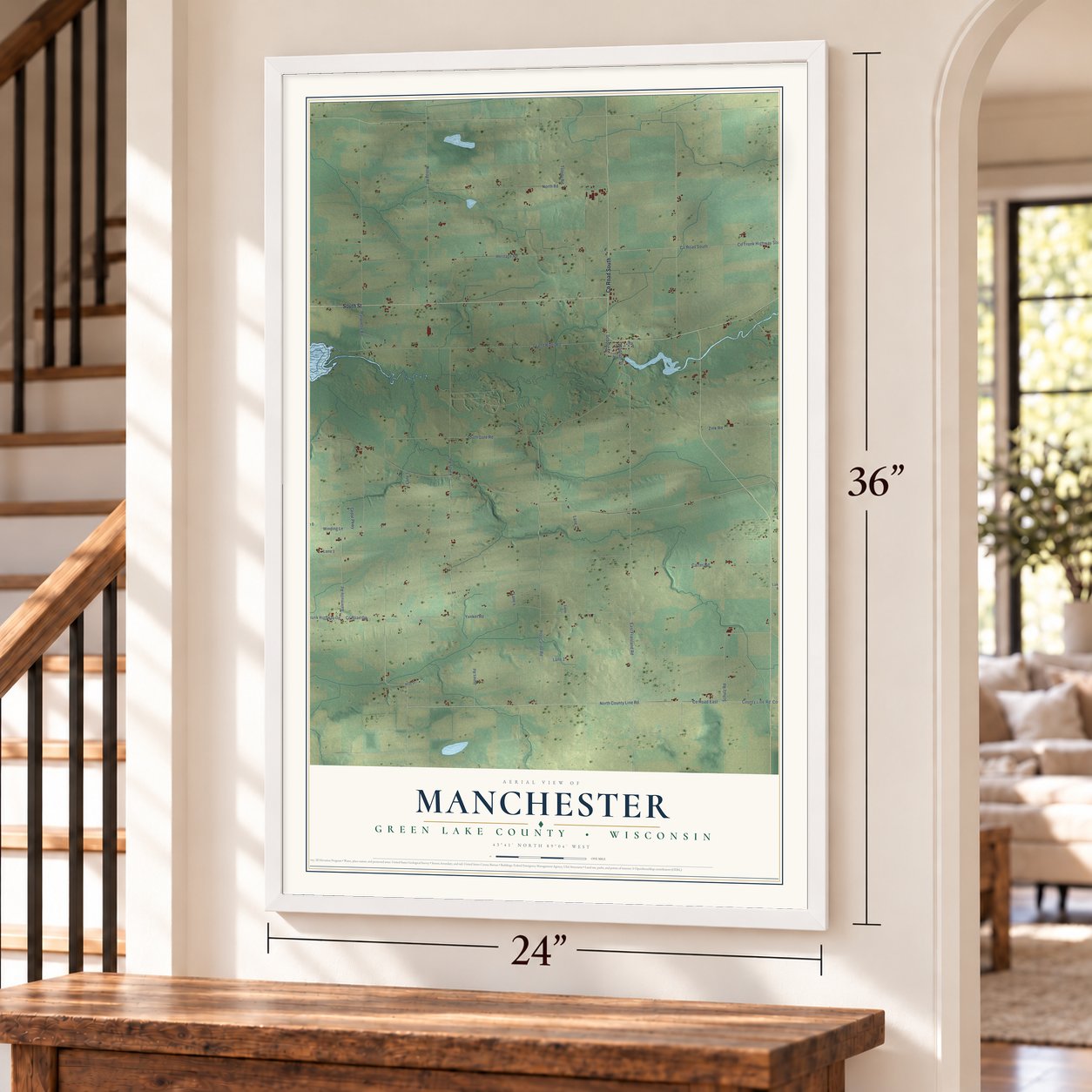Manchester, Green Lake County, Wisconsin map, 24 x 36 inch print in a white frame by a staircase
