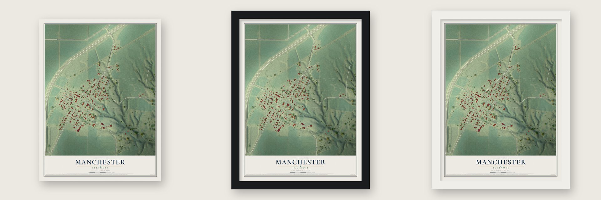 Manchester, Illinois map unframed, in a black wood frame and in a white wood frame