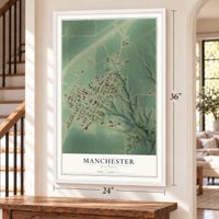 Manchester, Illinois map, 24 x 36 inch print in a white frame by a staircase