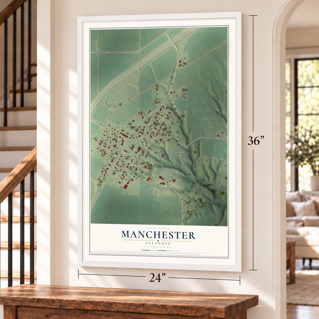 Manchester, Illinois map, 24 x 36 inch print in a white frame by a staircase