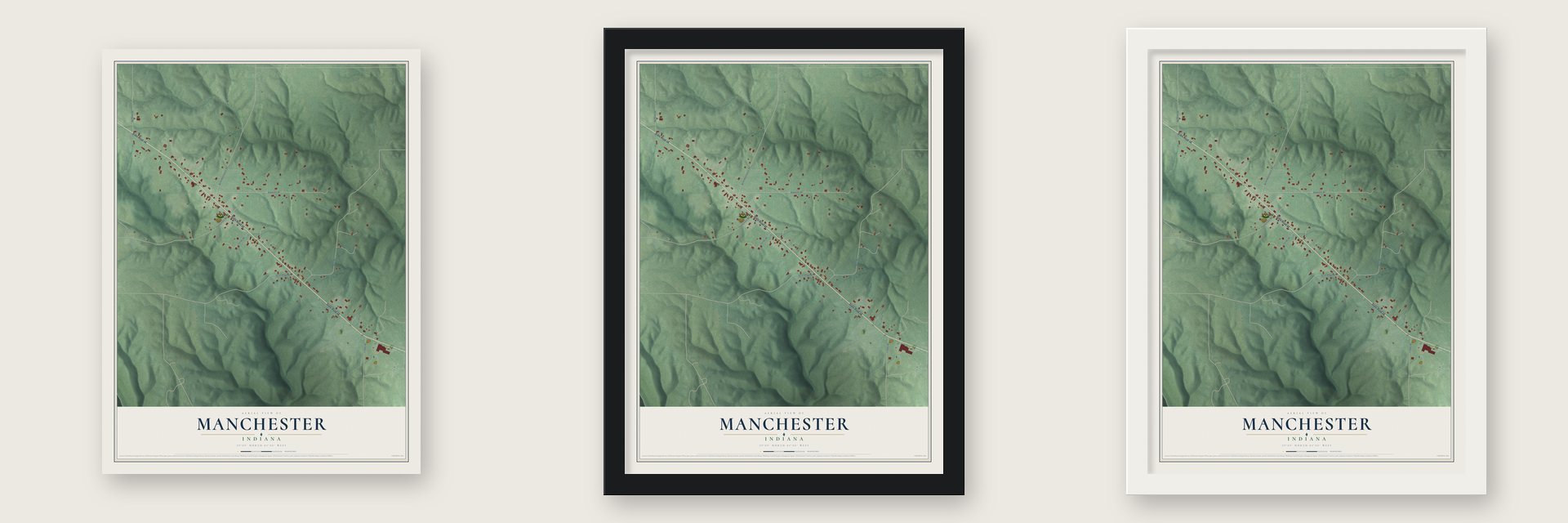 Manchester, Indiana map unframed, in a black wood frame and in a white wood frame