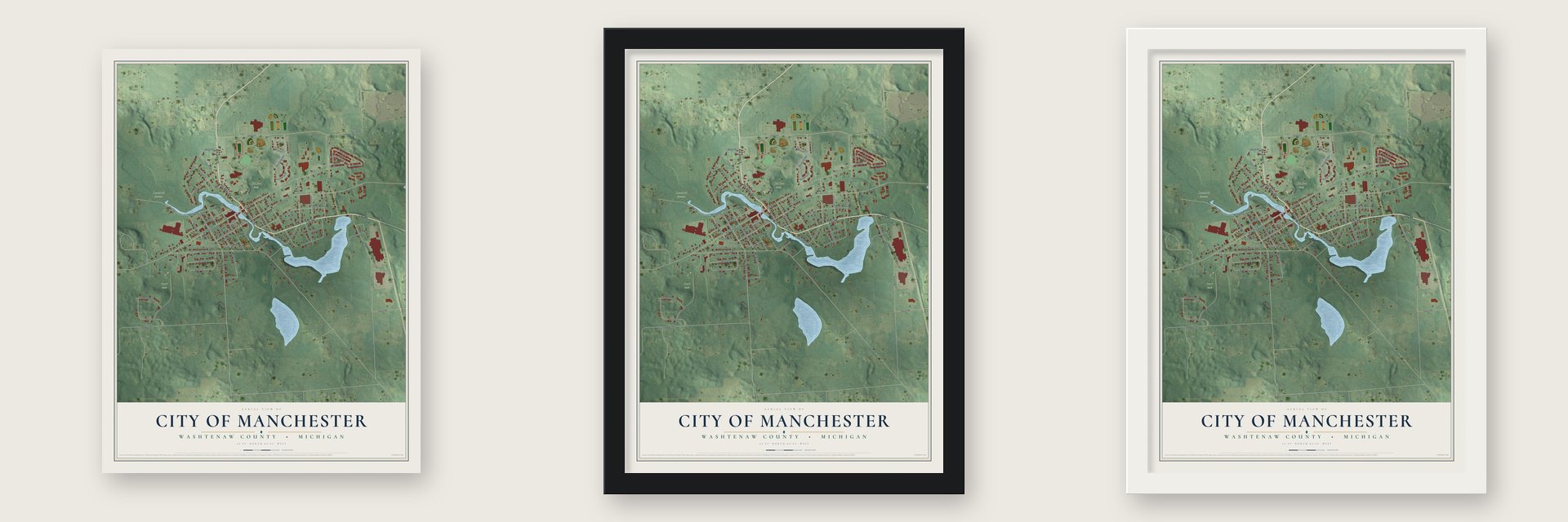 Manchester, Michigan map unframed, in a black wood frame and in a white wood frame