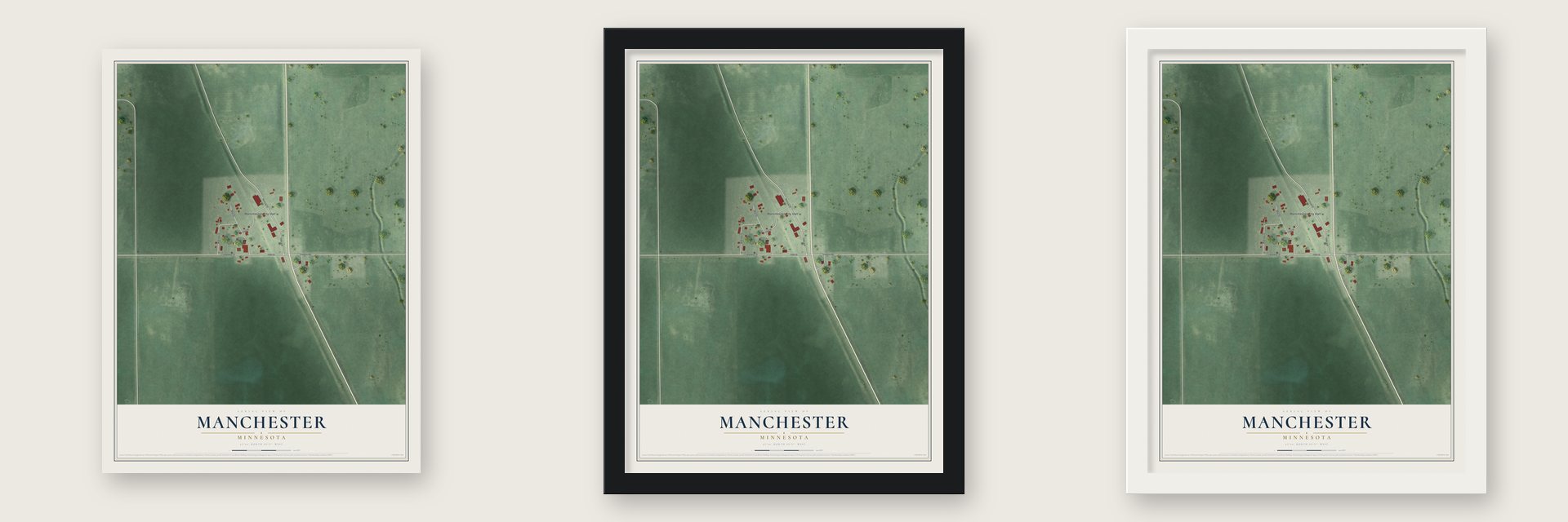 Manchester, Minnesota map unframed, in a black wood frame and in a white wood frame