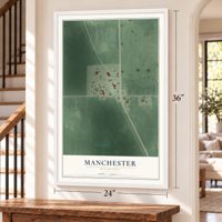 Manchester, Minnesota map, 24 x 36 inch print in a white frame by a staircase