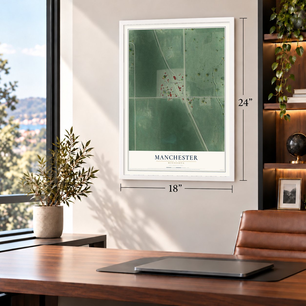 Manchester, Minnesota map, 18 x 24 inch print in a white frame in a home office
