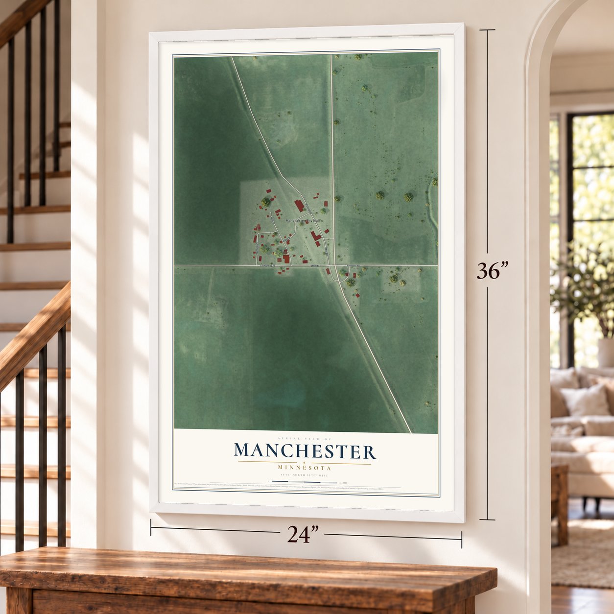 Manchester, Minnesota map, 24 x 36 inch print in a white frame by a staircase
