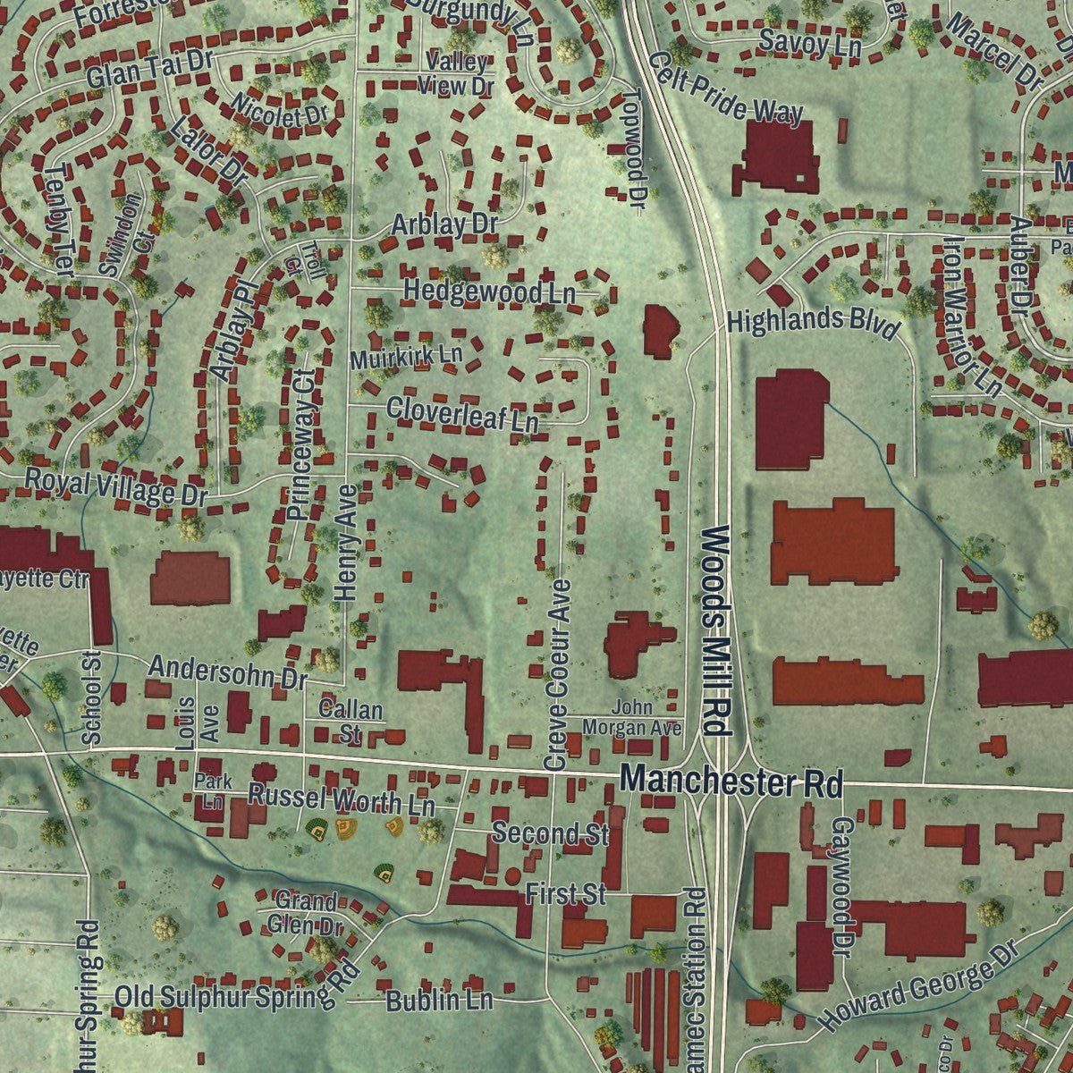 Second close-up of the map of Manchester, Missouri print showing more streets and buildings