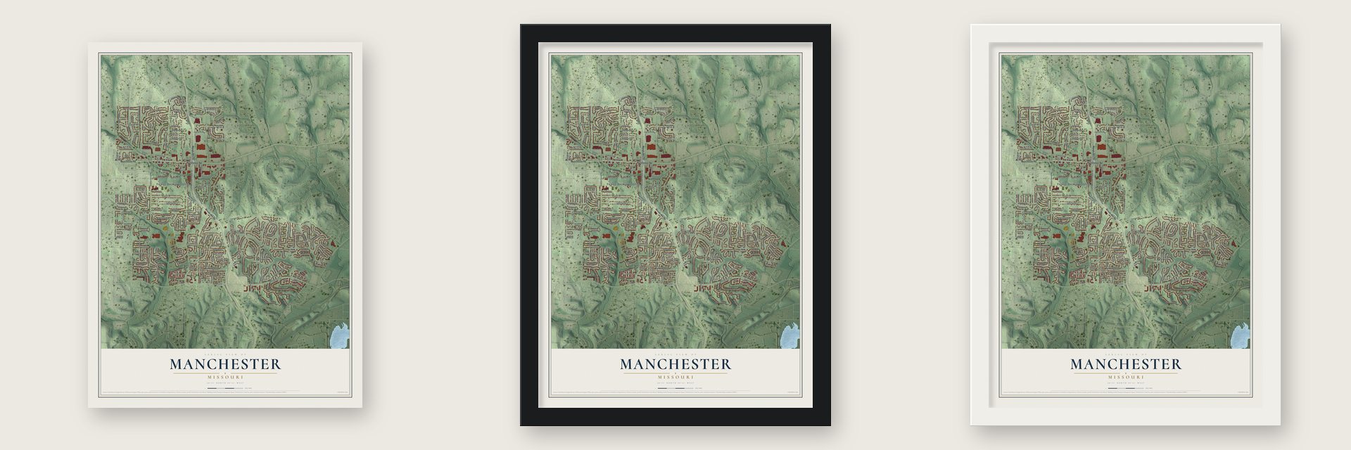Manchester, Missouri map unframed, in a black wood frame and in a white wood frame