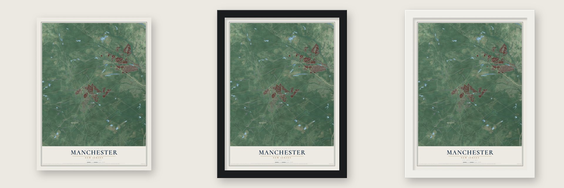 Manchester, New Jersey map unframed, in a black wood frame and in a white wood frame