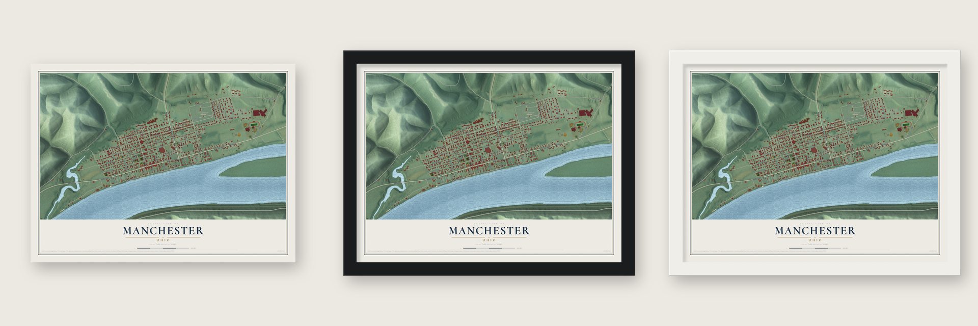 Manchester, Ohio map unframed, in a black wood frame and in a white wood frame