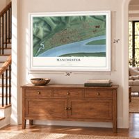 Manchester, Ohio map, 24 x 36 inch print in a white frame above a dresser by a staircase