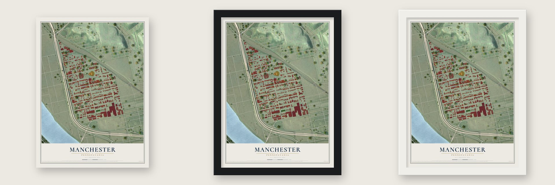 Manchester, Pennsylvania map unframed, in a black wood frame and in a white wood frame