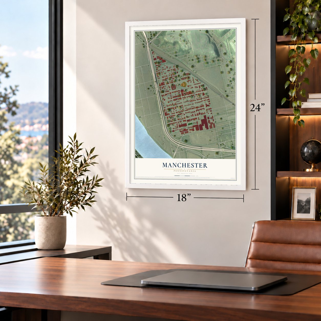 Manchester, Pennsylvania map, 18 x 24 inch print in a white frame in a home office