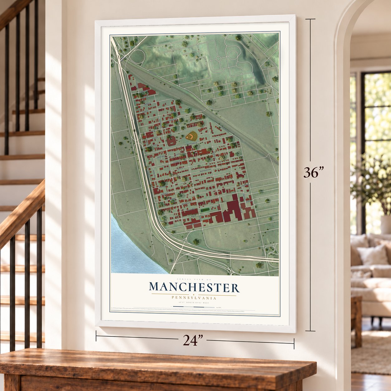 Manchester, Pennsylvania map, 24 x 36 inch print in a white frame by a staircase