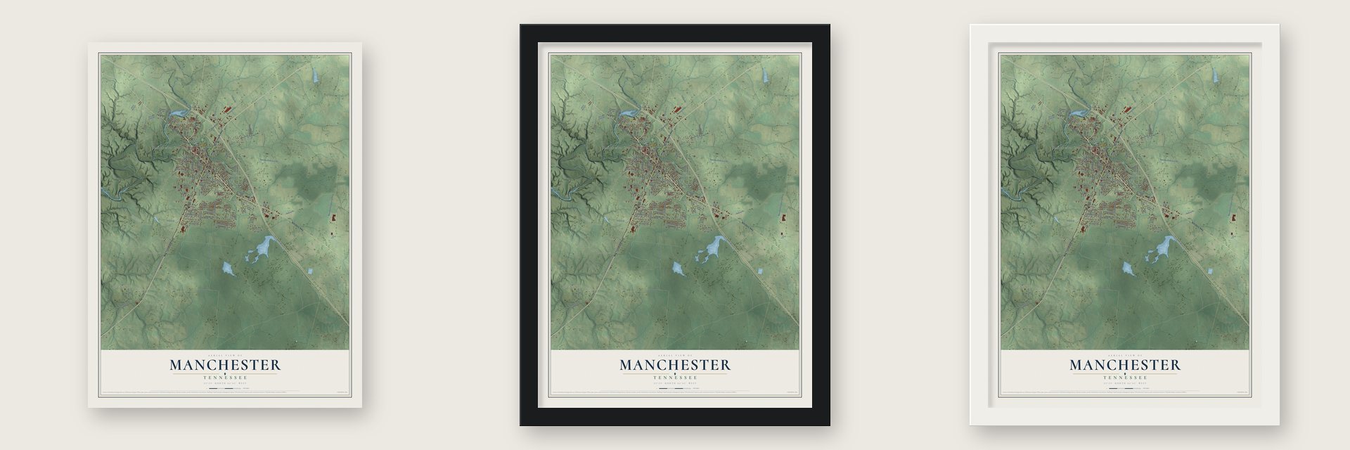 Manchester, Tennessee map unframed, in a black wood frame and in a white wood frame