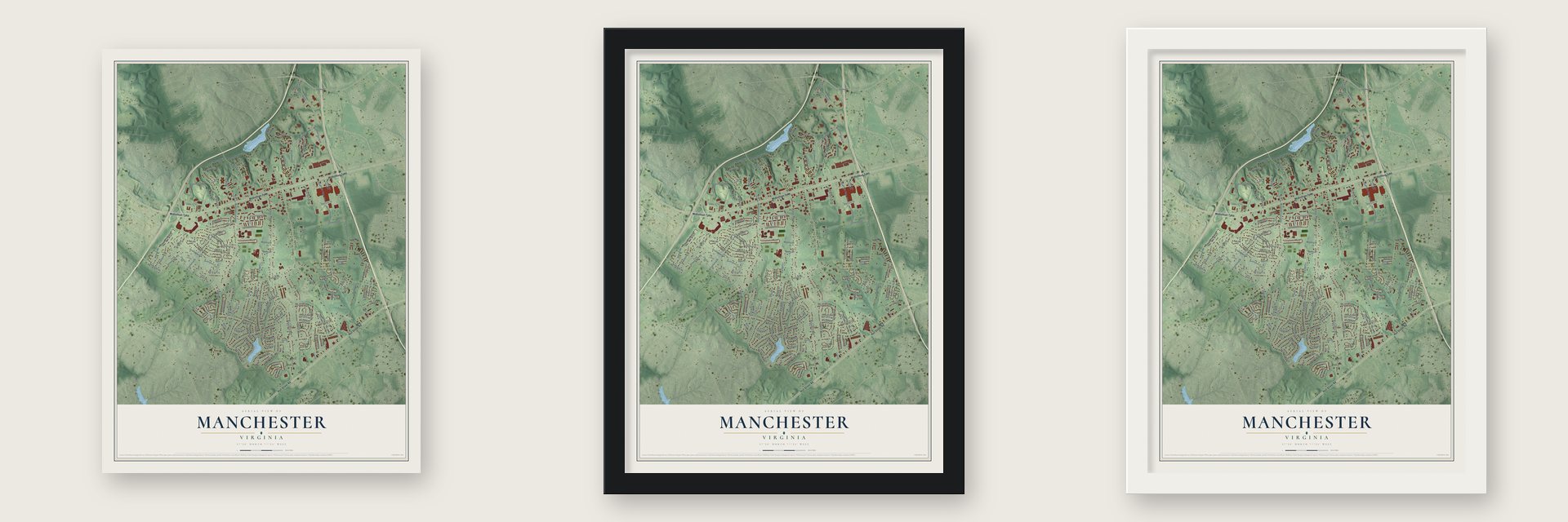 Manchester, Virginia map unframed, in a black wood frame and in a white wood frame