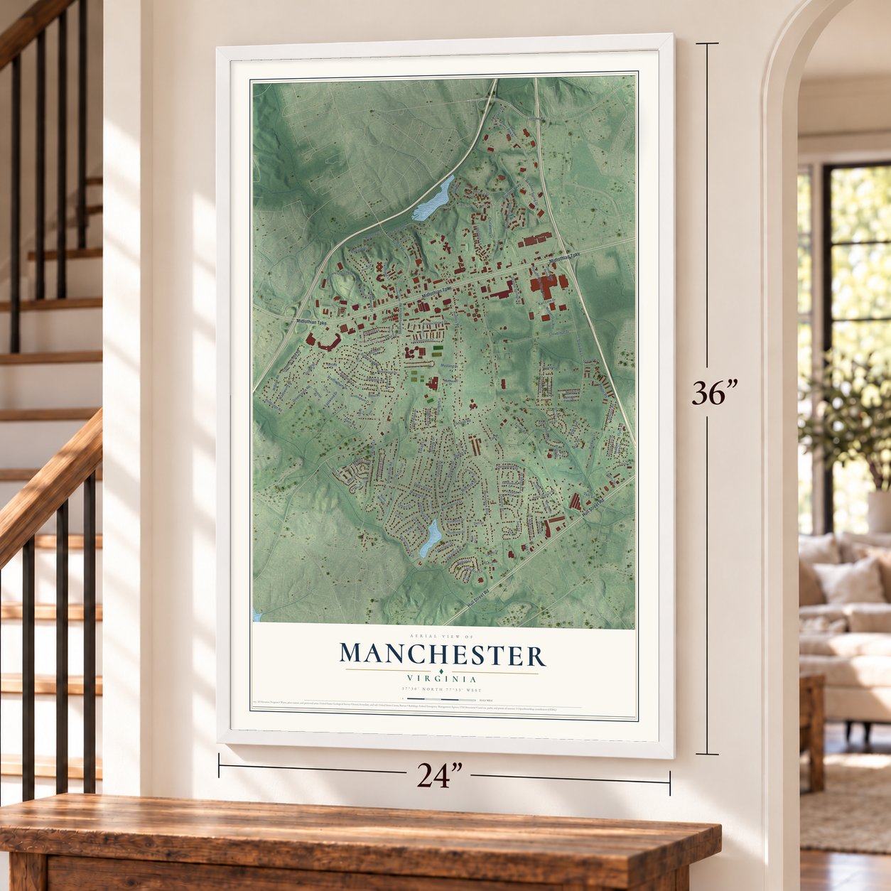 Manchester, Virginia map, 24 x 36 inch print in a white frame by a staircase