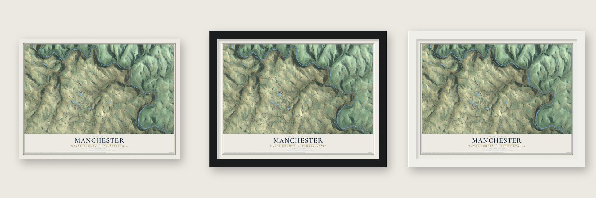Manchester, Wayne County, Pennsylvania map unframed, in a black wood frame and in a white wood frame
