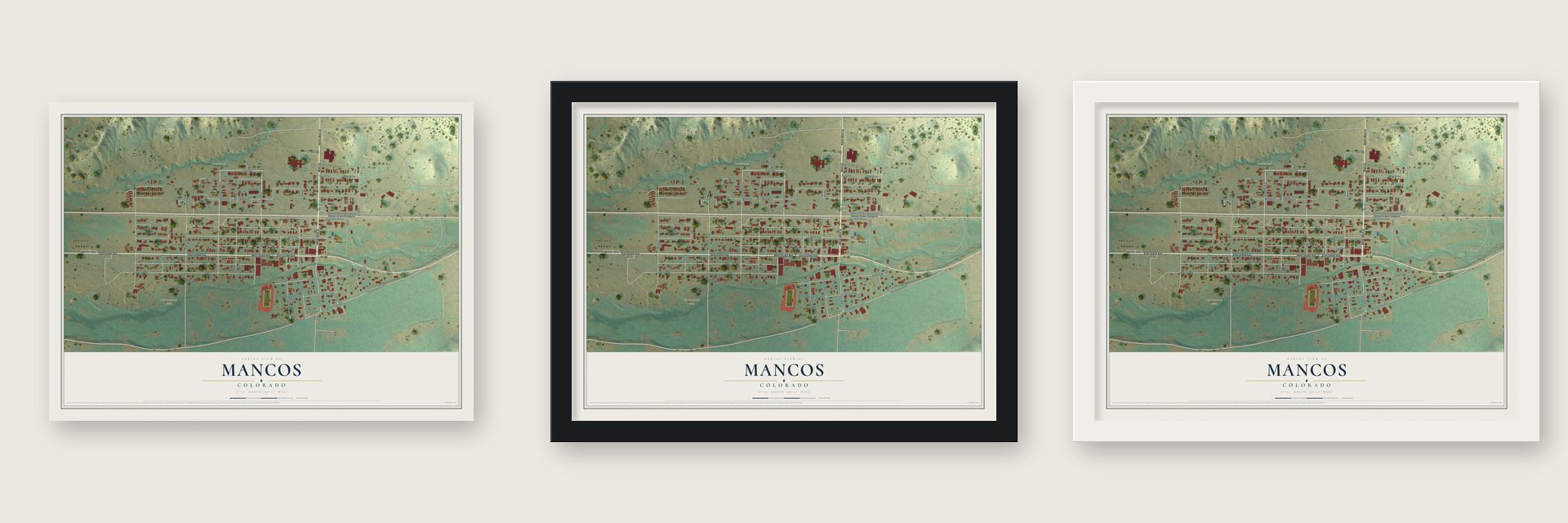 Mancos, Colorado map unframed, in a black wood frame and in a white wood frame