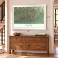 Mancos, Colorado map, 24 x 36 inch print in a white frame above a dresser by a staircase