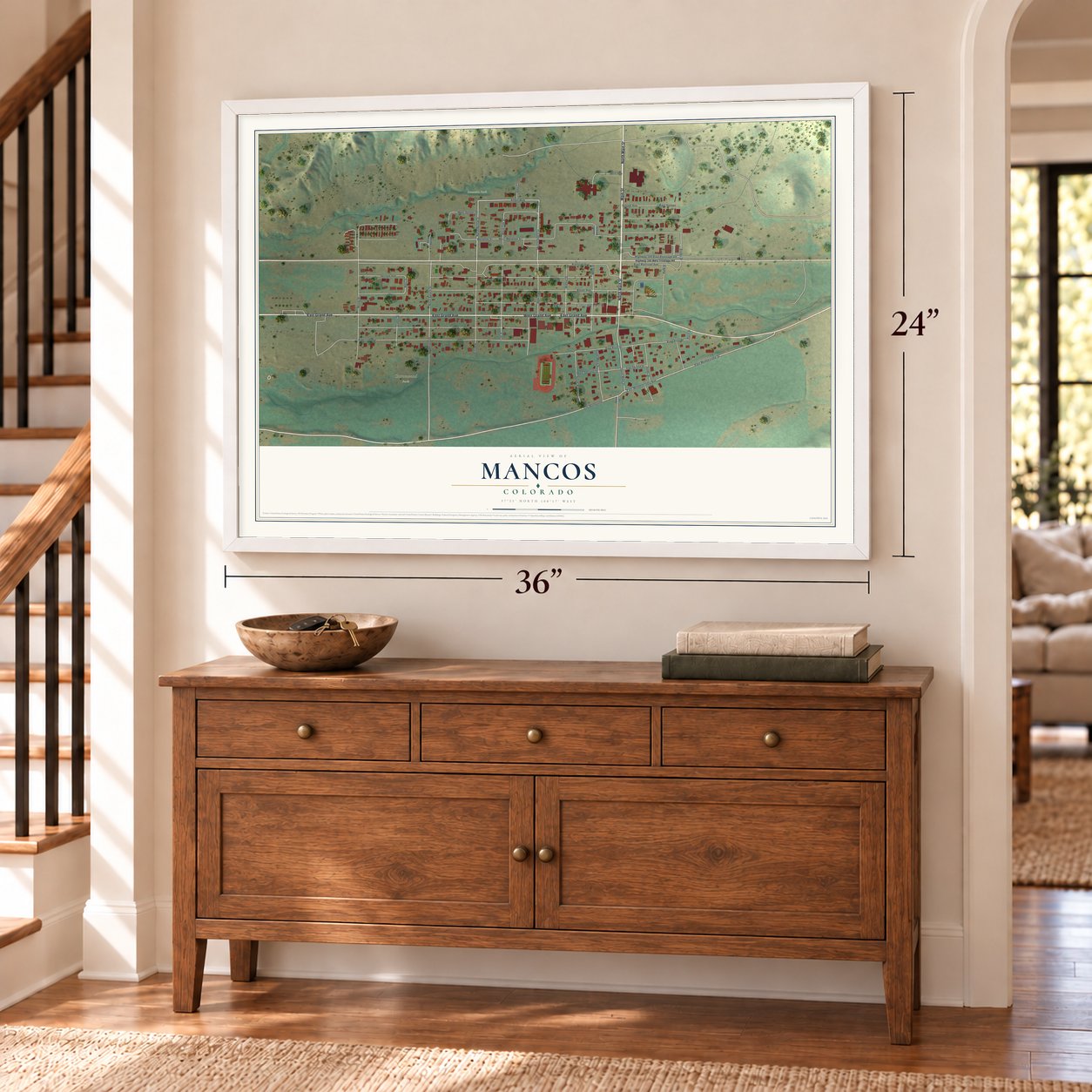 Mancos, Colorado map, 24 x 36 inch print in a white frame above a dresser by a staircase