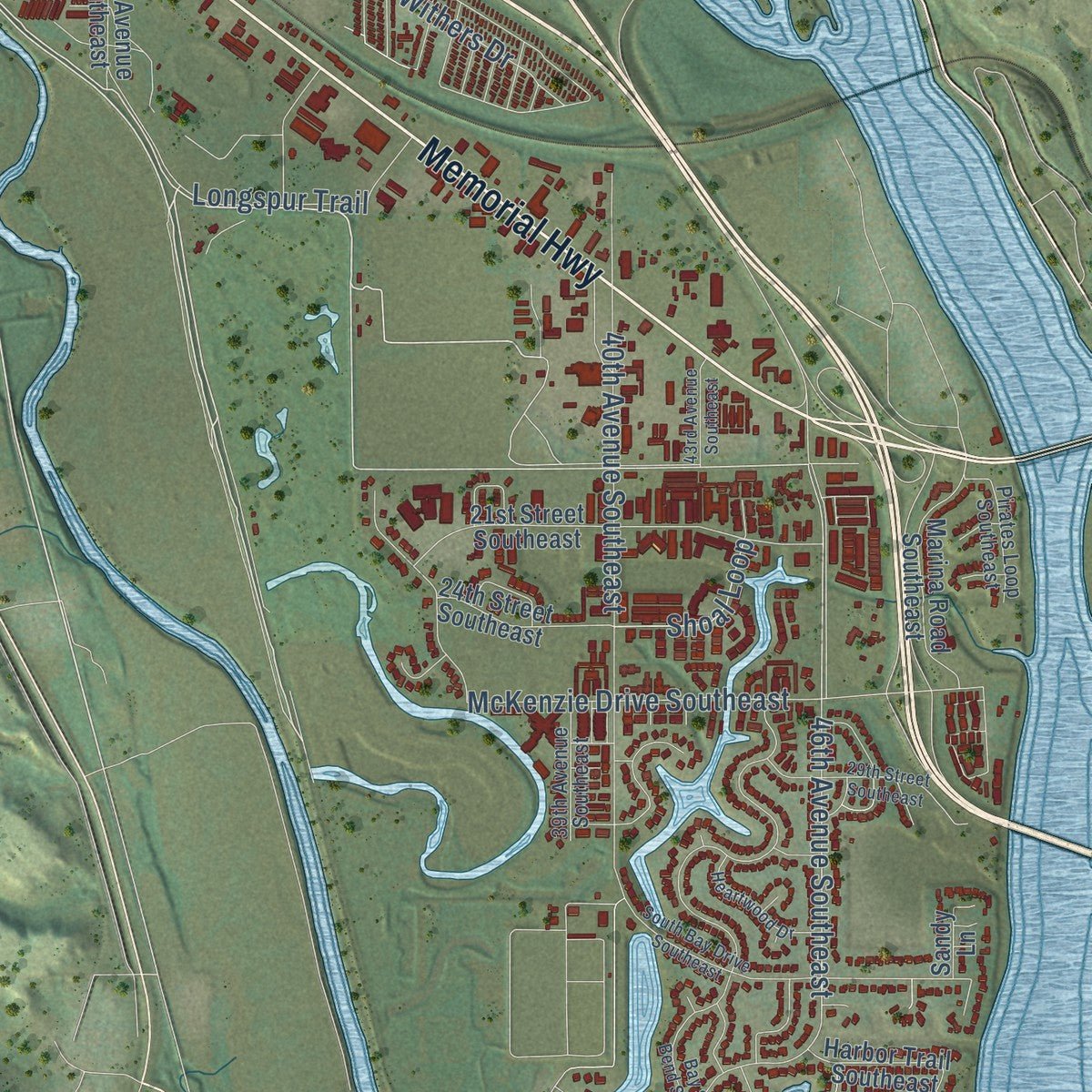 Second close-up of the map of Mandan, North Dakota print showing more streets and buildings