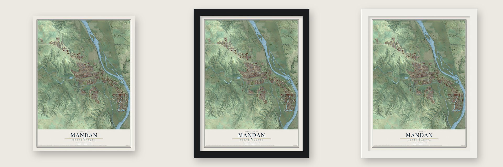 Mandan, North Dakota map unframed, in a black wood frame and in a white wood frame