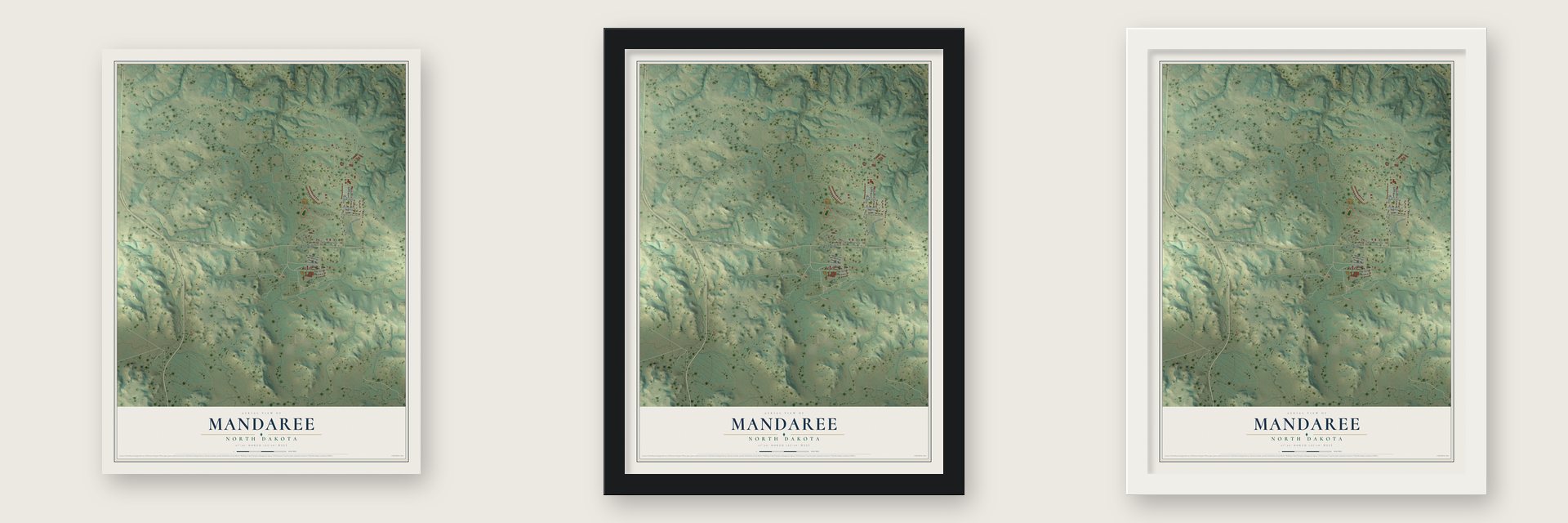 Mandaree, North Dakota map unframed, in a black wood frame and in a white wood frame