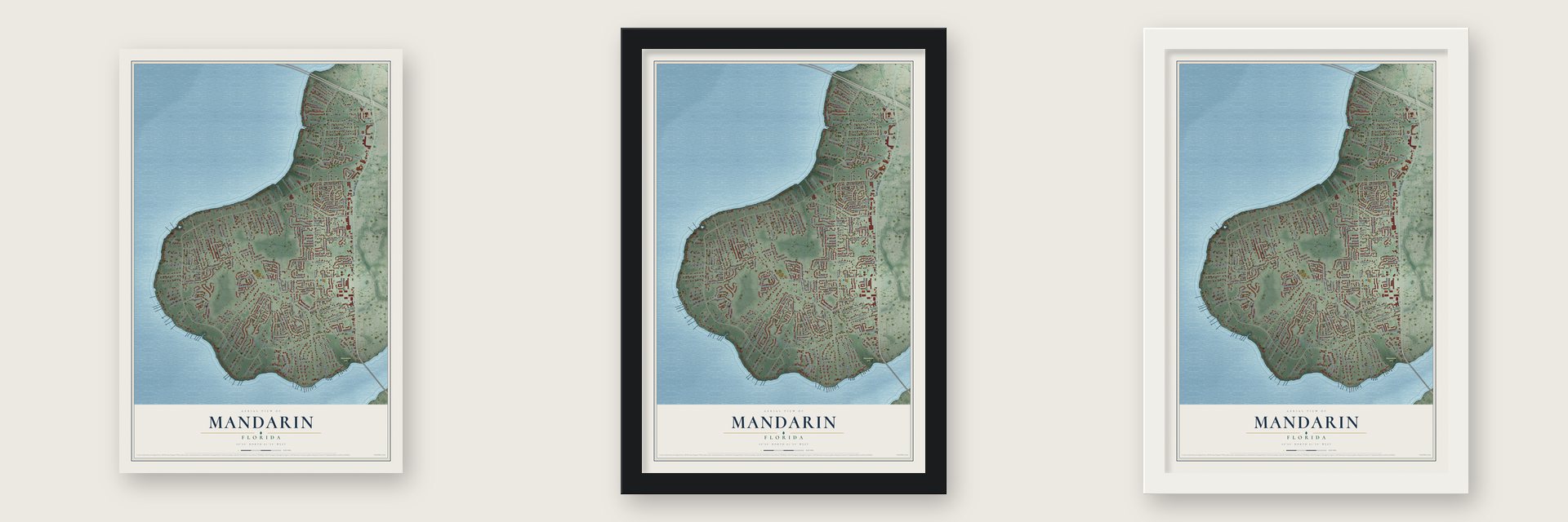 Mandarin, Florida map unframed, in a black wood frame and in a white wood frame