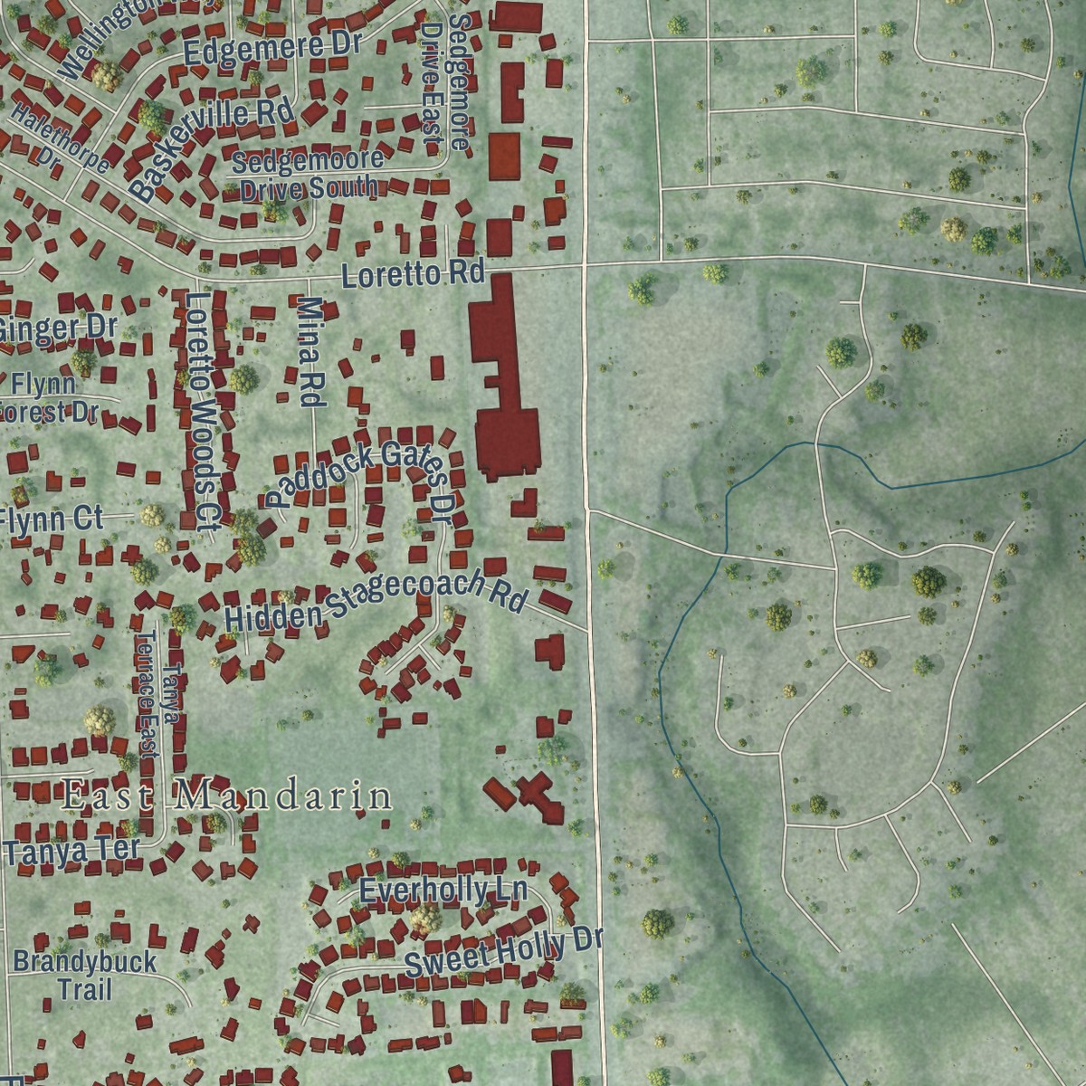 Second close-up of the map of Mandarin, Florida print showing more streets and buildings