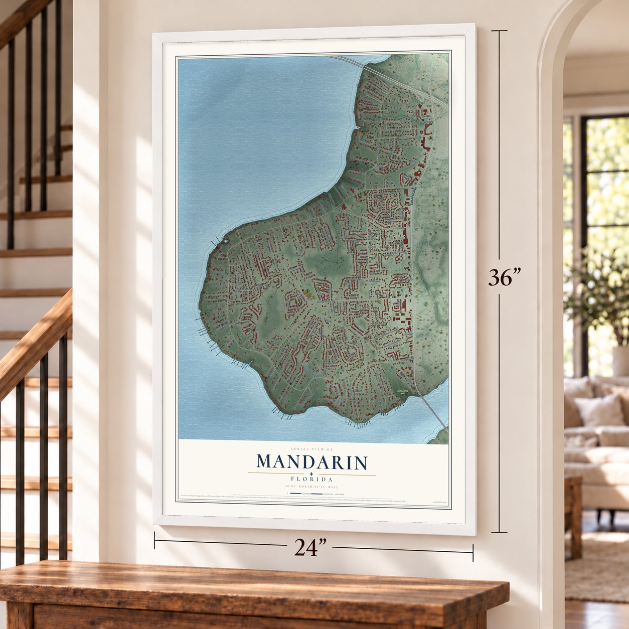 Mandarin, Florida map, 24 x 36 inch print in a white frame by a staircase