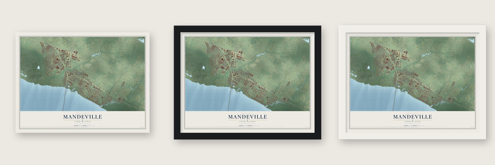 Mandeville, Louisiana map unframed, in a black wood frame and in a white wood frame